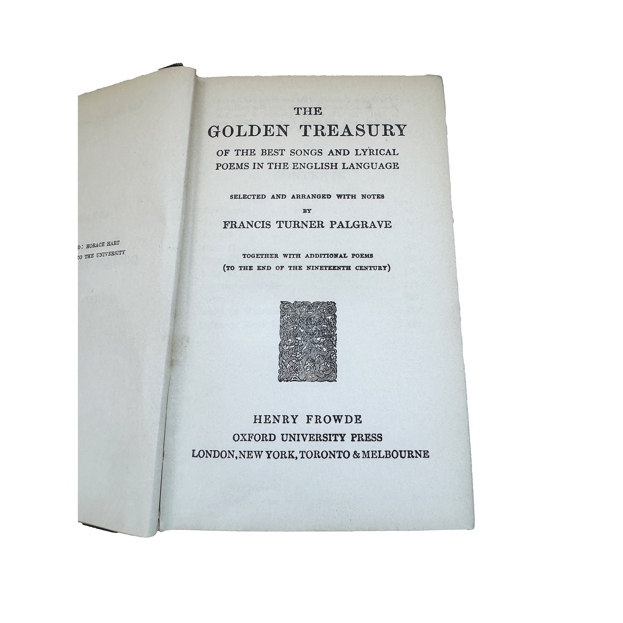 A photograph of an open hardcover book titled 'The Golden Treasury' by Francis Turner Palgrave, showing the title page and a few pages with text.