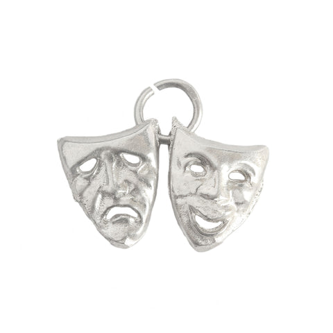 Pair of silver theatre mask pendants on a white background