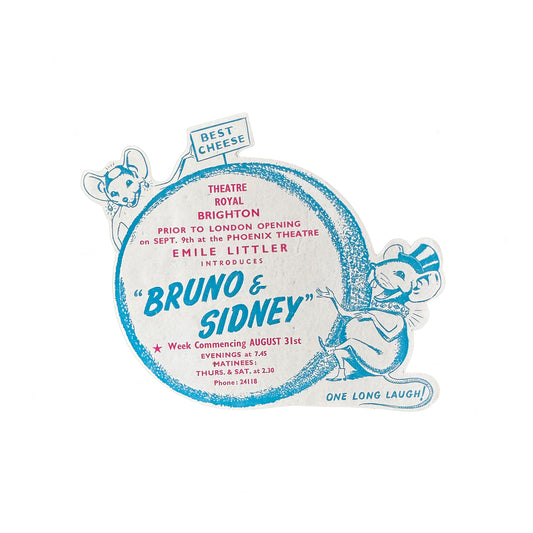 Vintage advertising label for 'Bruno & Sidney' theatre show, featuring graphic elements and text, indicating it's a collectible item.