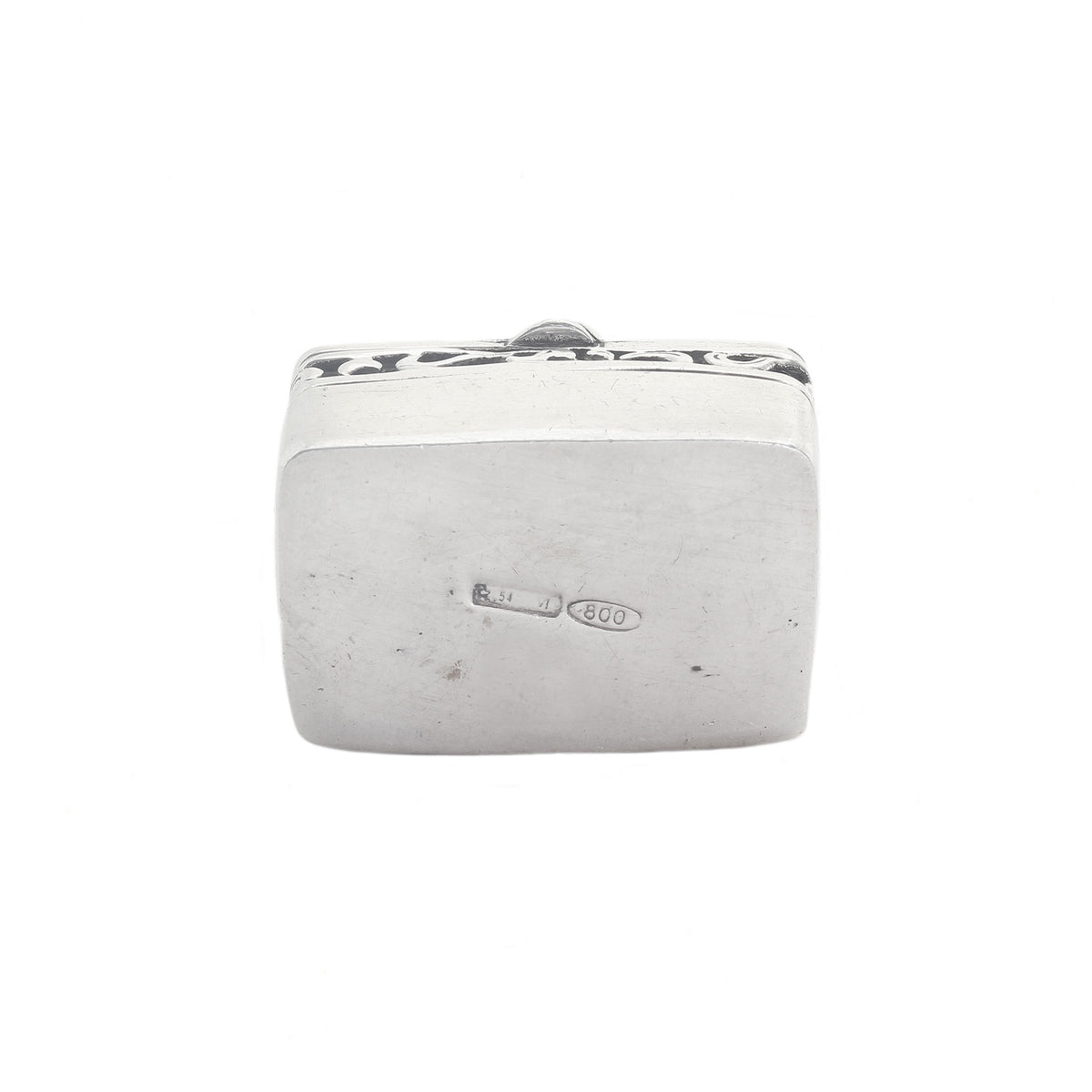 underneath of silver rectangular box with hallmark 800 on it with white background