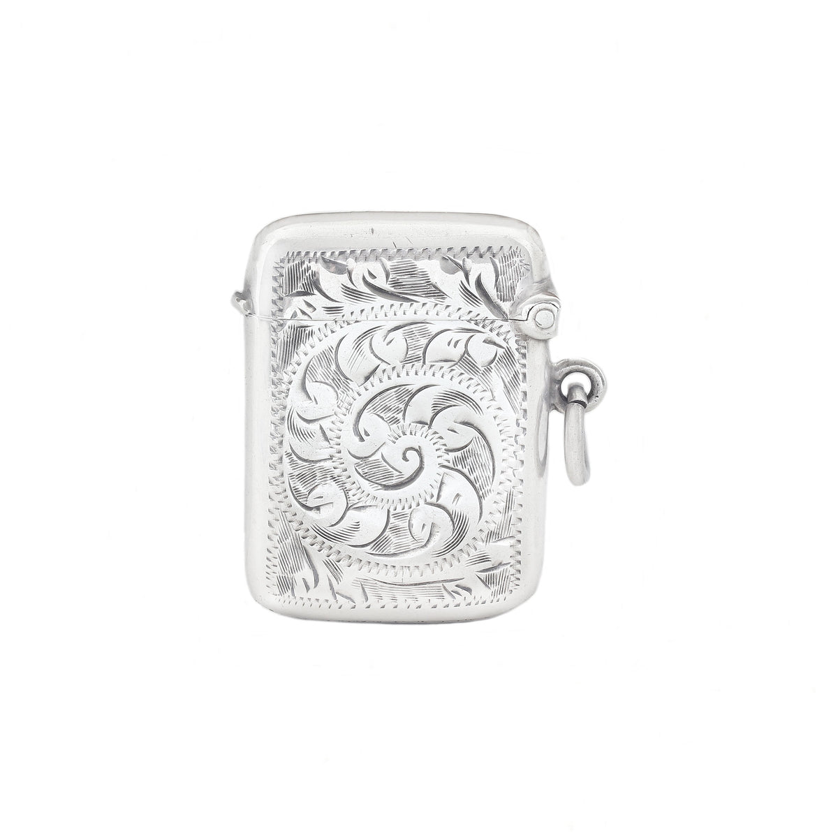 Silver vesta case with intricate engravings on a white background