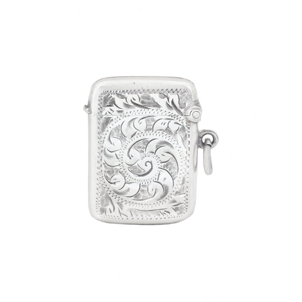 Silver vesta case with intricate engravings on a white background
