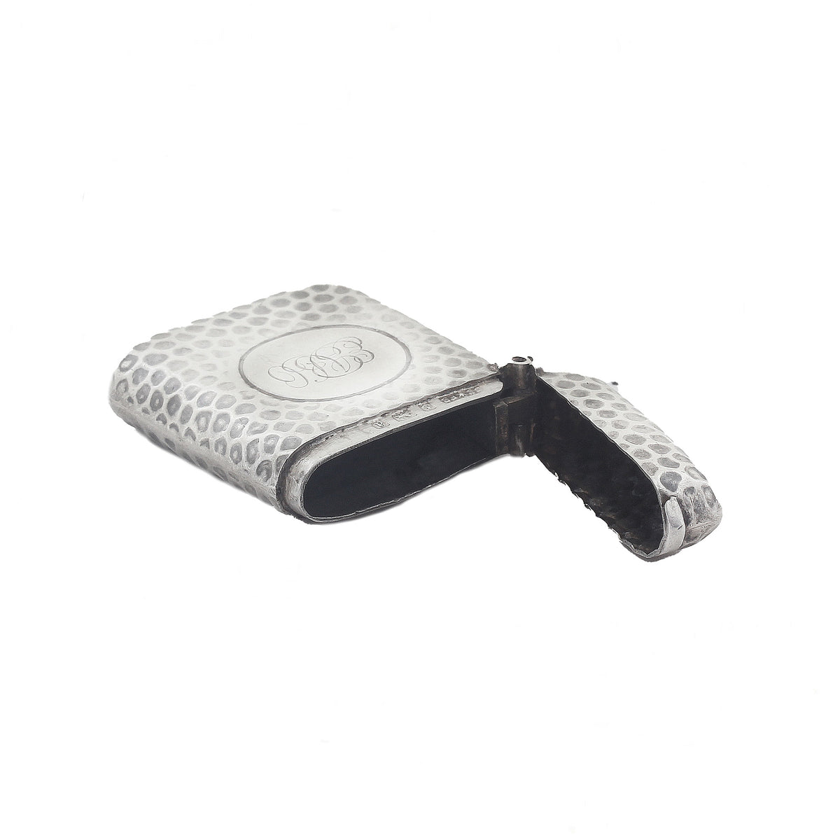 Silver and black textured case with a brand logo on a white background