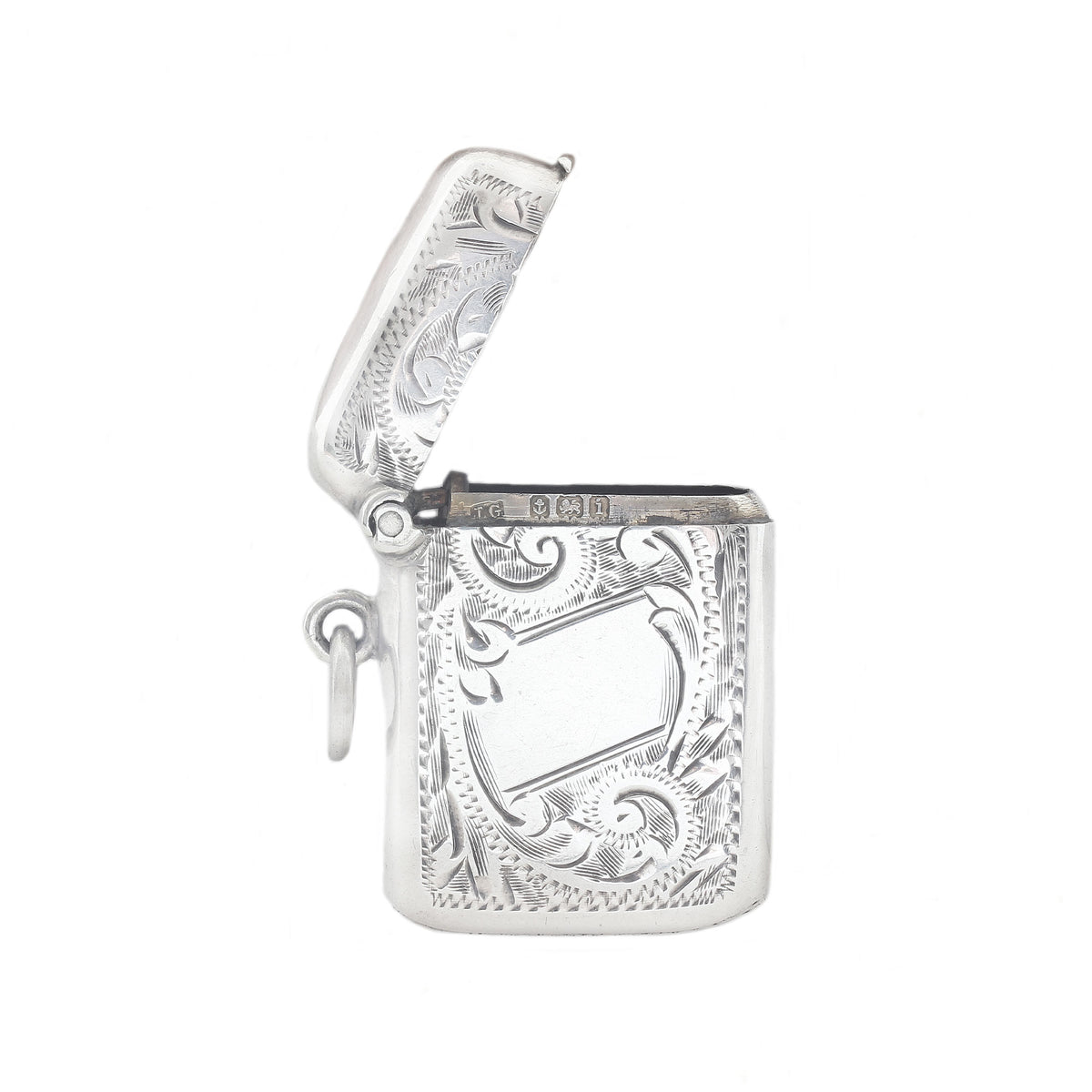 Decorative silver vesta case on a white background