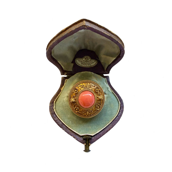 Victorian Coral Etruscan Revival Brooch By Casalta Circa 1860