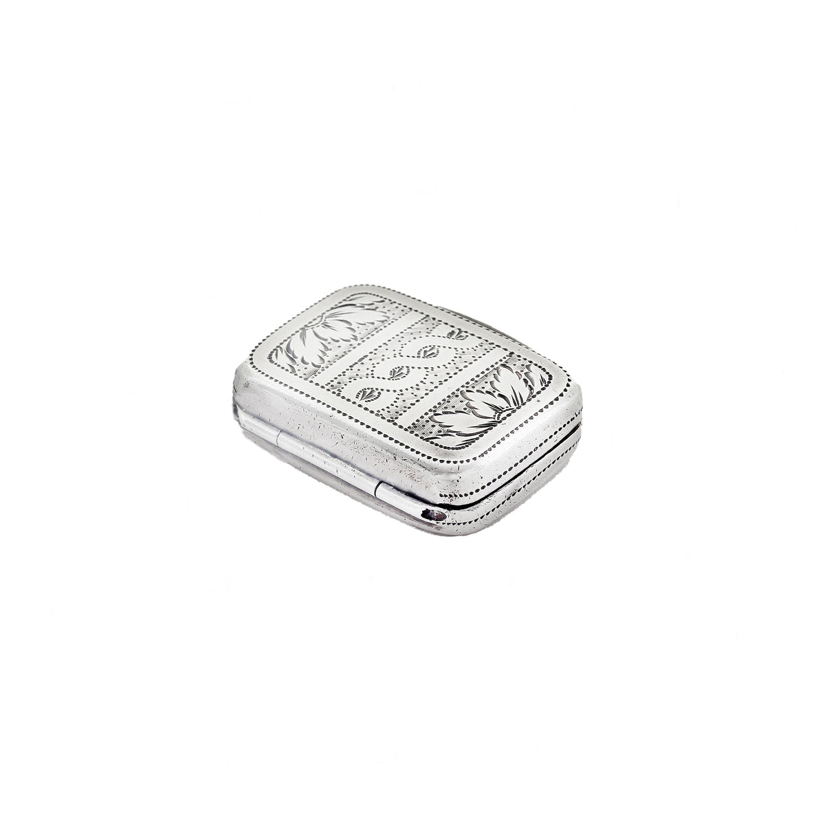 Silver vinaigrette box with intricate designs on a white background