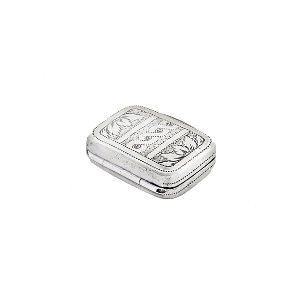 Silver vinaigrette box with intricate designs on a white background