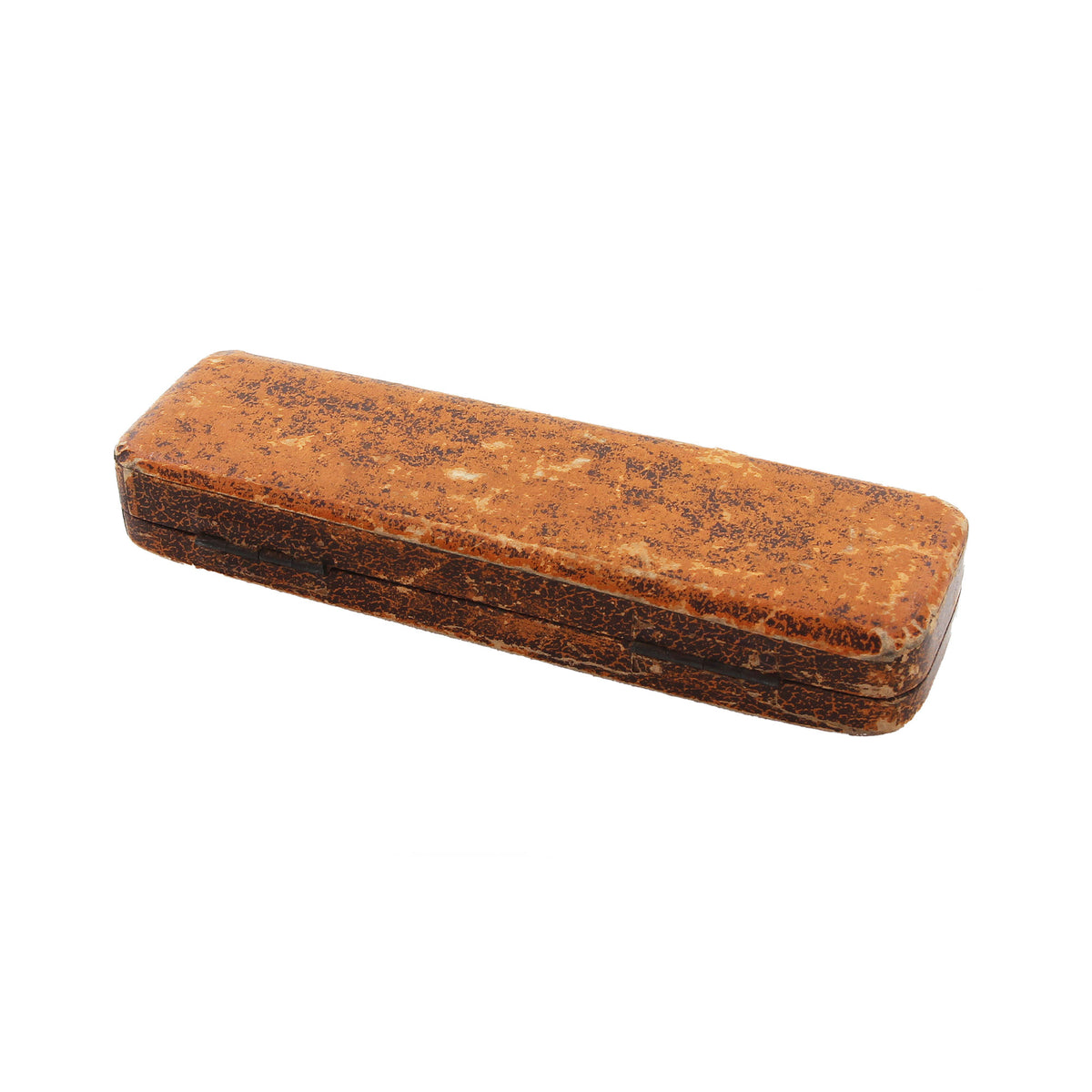 Rectangular wooden box with a worn surface on a white background