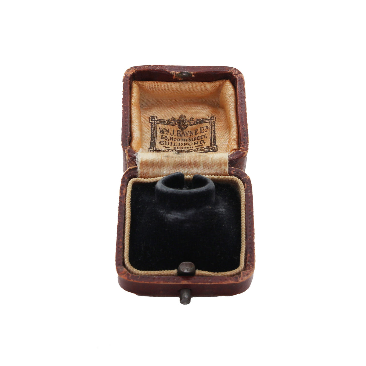Open brown jewellery box with black interior on a white background