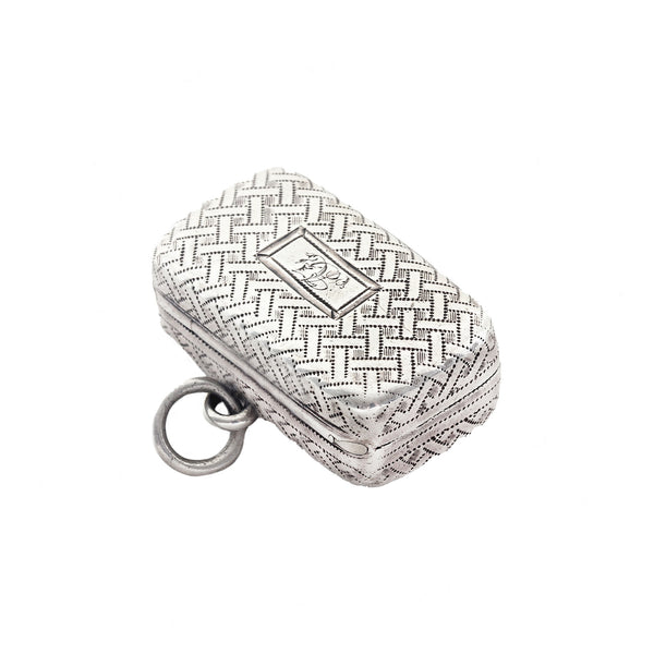 Silver woven box with a clasp on a white background