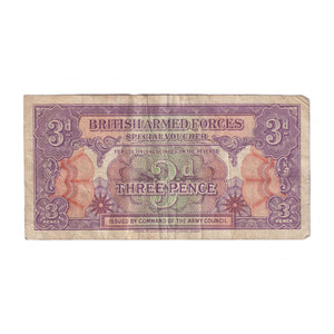 A vintage three-pence special voucher note from the British Armed Forces, Circa 1940s, showing signs of wear and fold marks.
