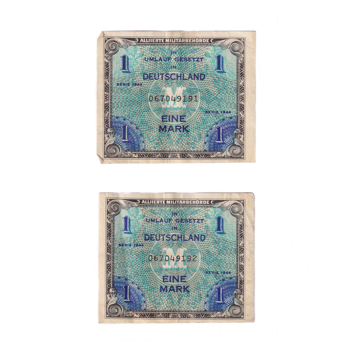 Two vintage German bank notes with blue and green patterns and text, dated 1944, showing signs of wear.