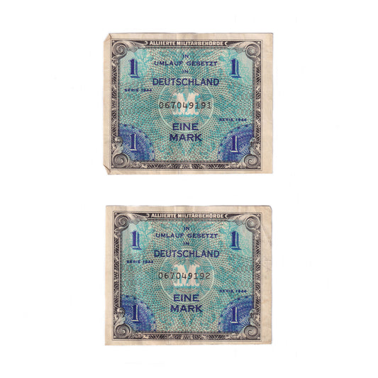 Two vintage German bank notes with blue and green patterns and text, dated 1944, showing signs of wear.