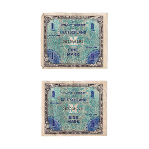Two vintage German bank notes with blue and green patterns and text, dated 1944, showing signs of wear.