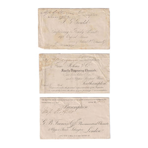 A set of 3 old prescription envelopes from different family dispensing chemists in the uk