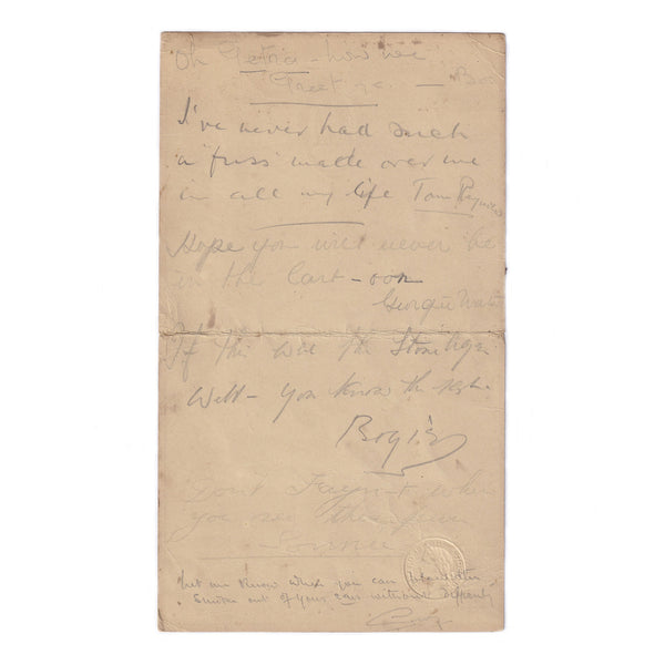 An unusual original rare handwritten menu with pencil notes on the back