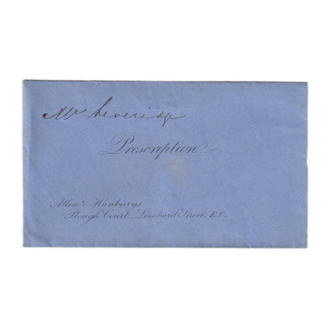An old blue envelope prescription addressed to a Mr Leveridge from Allen & Hanburys