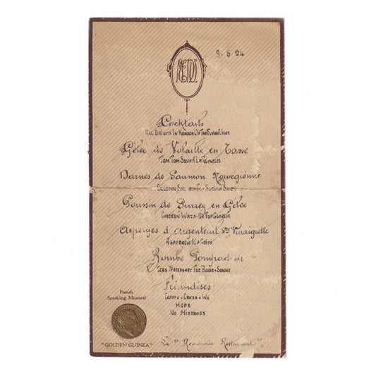 golden guinea drinks menu with stamp and dated 8 may 1924