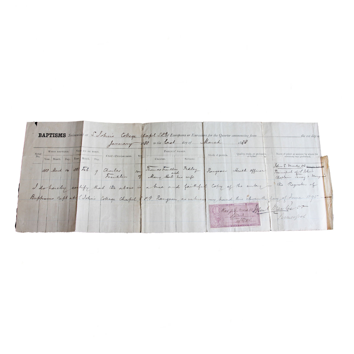 An antique document certificate with visible aging and fold marks, featuring a stamped seal.