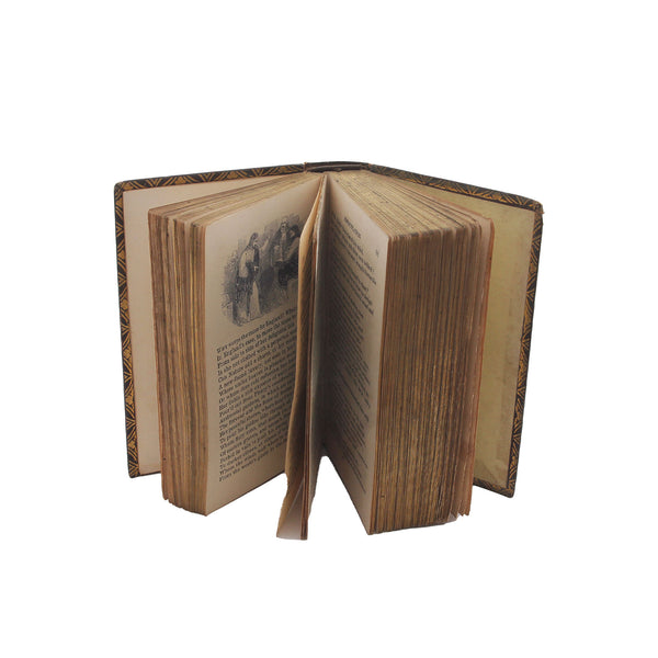 An illustrated victorian miniature book of poetical works of William Cowper showing the pages and illustration