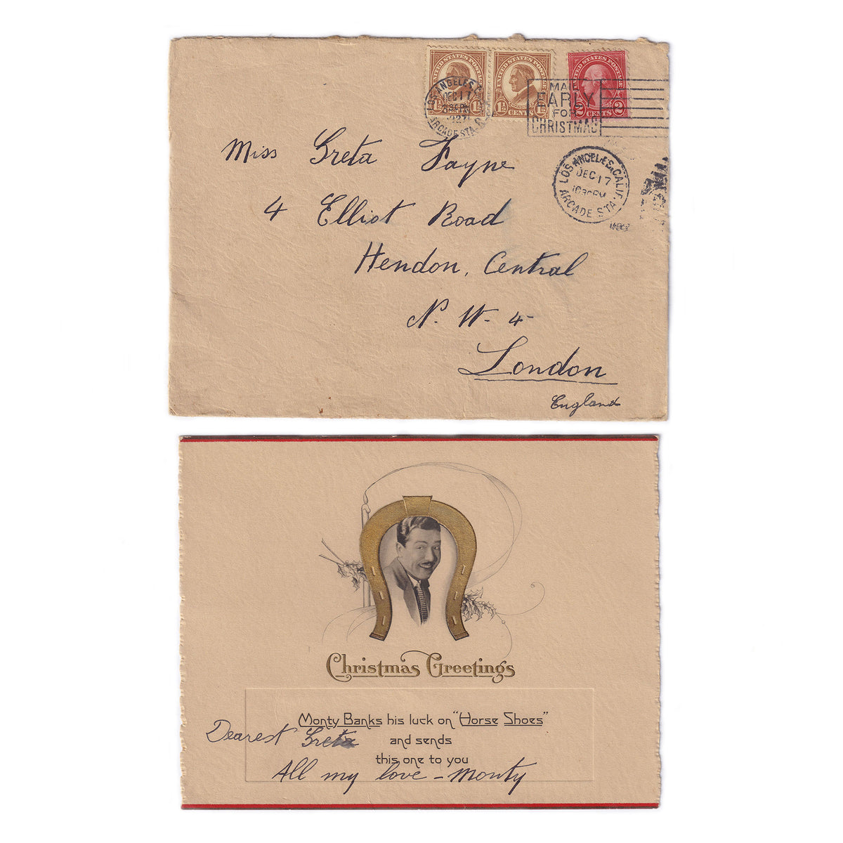 A vintage Christmas greetings card with an envelope, featuring a photograph of a man and a horse shoe graphic, postmarked in 1917.