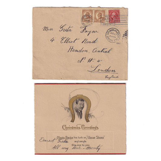 A vintage Christmas greetings card with an envelope, featuring a photograph of a man and a horse shoe graphic, postmarked in 1917.