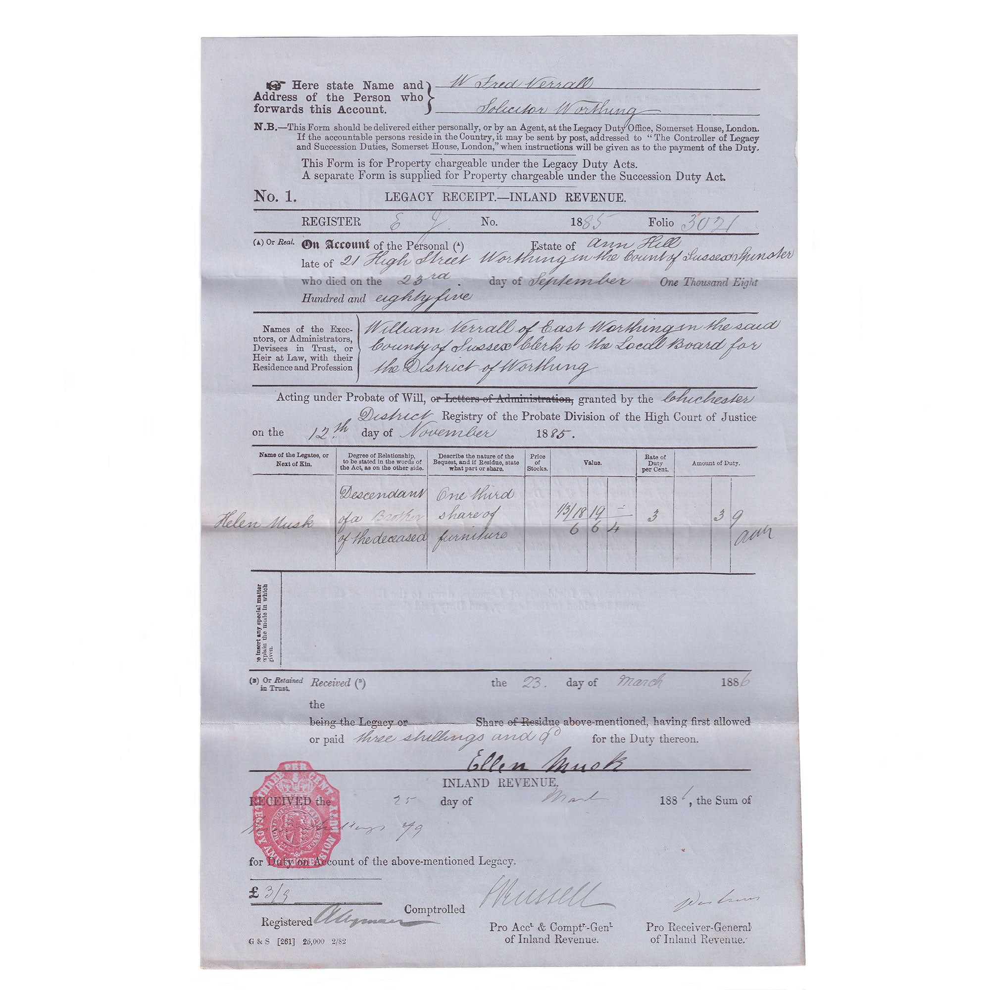 An old Inland Revenue legacy receipt with an orange stamp, dated 1885, showing folio number 3021, and signed by the solicitor Verrall. The receipt is on a white background.