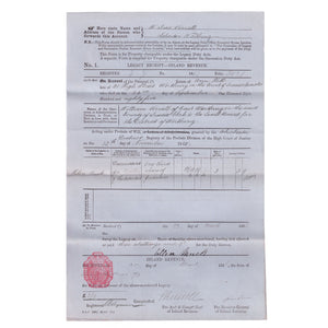 An old Inland Revenue legacy receipt with an orange stamp, dated 1885, showing folio number 3021, and signed by the solicitor Verrall. The receipt is on a white background.
