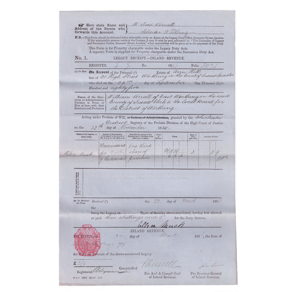 An old Inland Revenue legacy receipt with an orange stamp, dated 1885, showing folio number 3021, and signed by the solicitor Verrall. The receipt is on a white background.