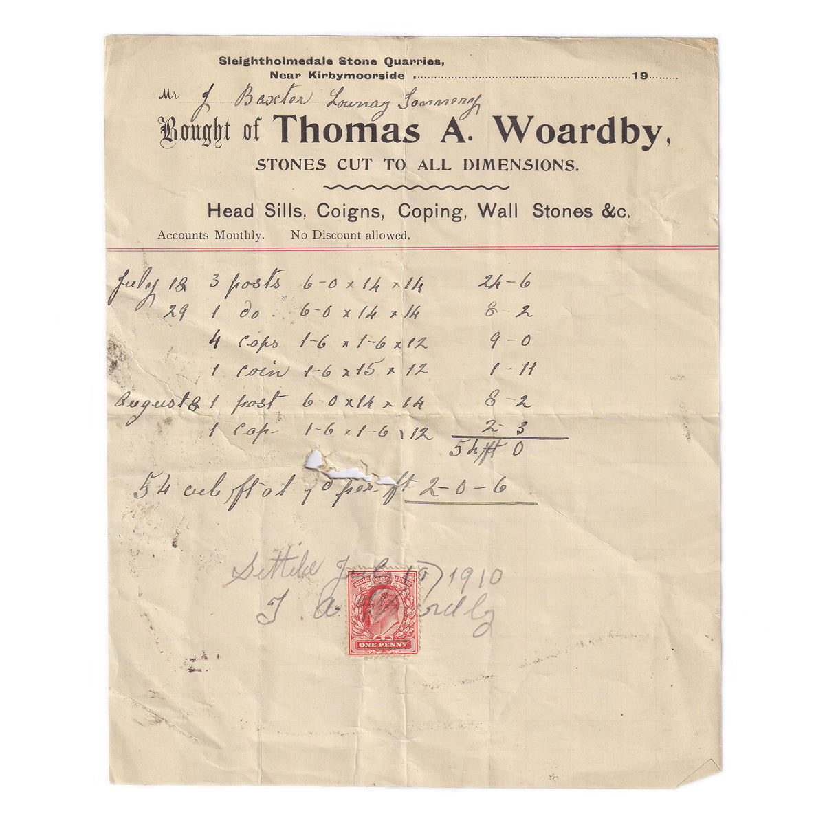 An original invoice signed and dated 1910 by Thomas A Woardby, listing stones cut to all dimensions, with a one penny stamp.