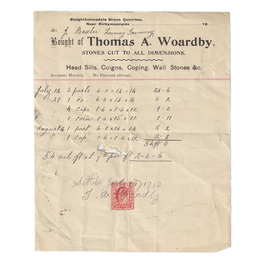 An original invoice signed and dated 1910 by Thomas A Woardby, listing stones cut to all dimensions, with a one penny stamp.