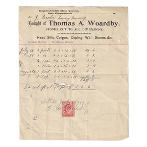 An original invoice signed and dated 1910 by Thomas A Woardby, listing stones cut to all dimensions, with a one penny stamp.