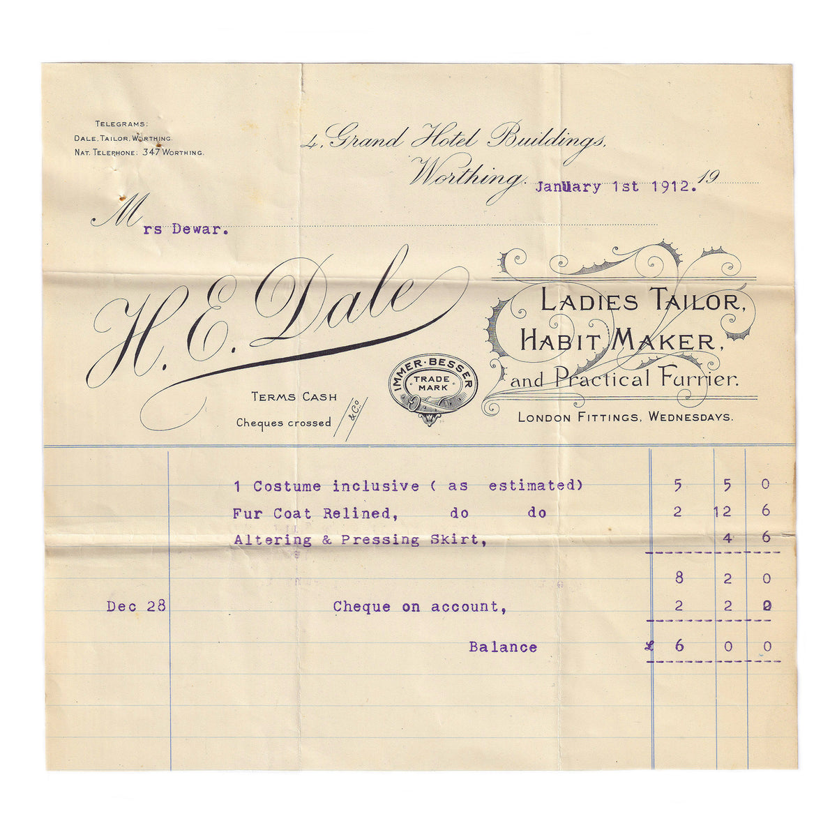 An old invoice from H E Dale, Ladies Tailor, dated 1 January 1912, with a handwritten-style font and printed text on a beige background.