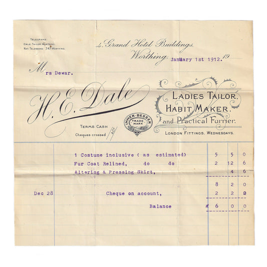 An old invoice from H E Dale, Ladies Tailor, dated 1 January 1912, with a handwritten-style font and printed text on a beige background.