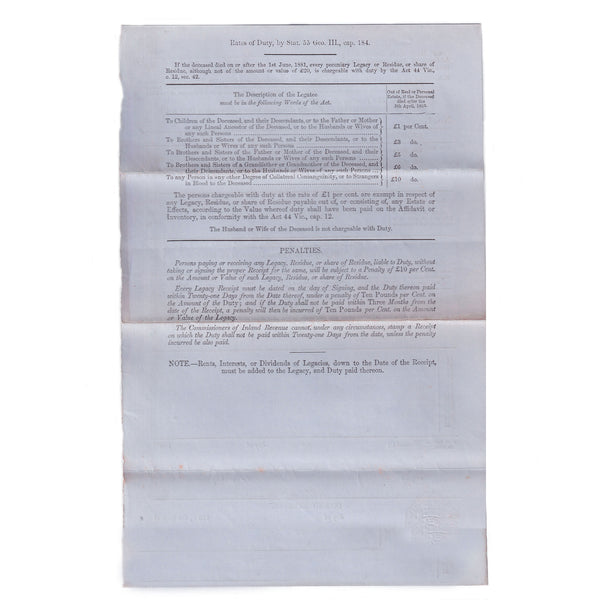 A really old legacy receipt reverse side with typed detailing dated 1885