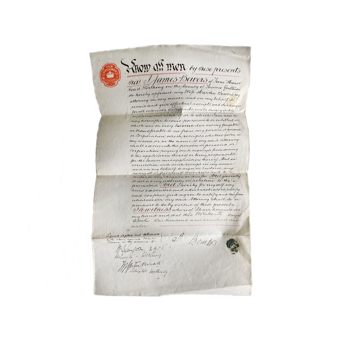 A set of 3 old documents in relation to properties in Worthing dated 1883 1889 and 1912 with a red ten shilling stamp 