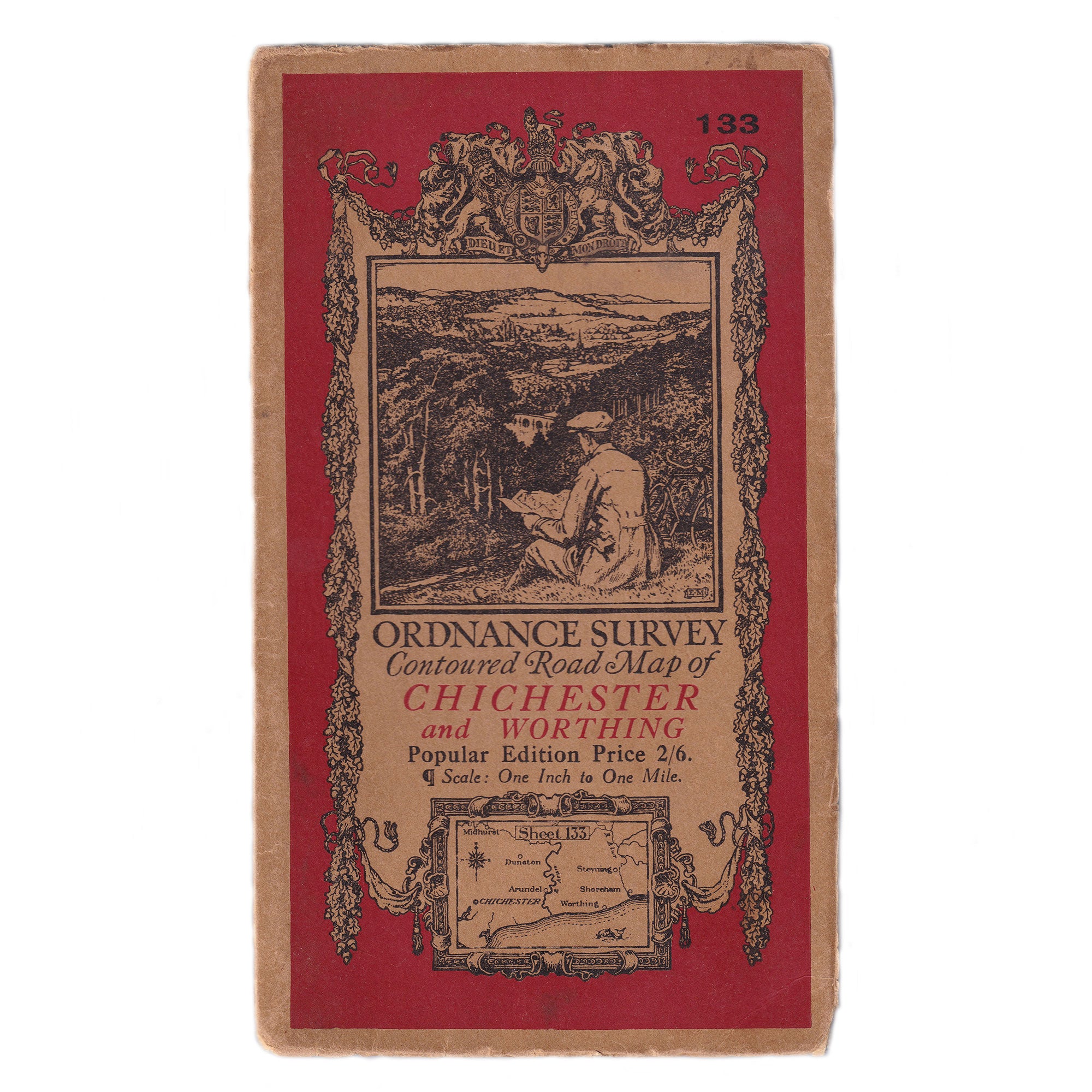 A vintage Ordnance Survey contoured road map of Chichester and Worthing, with a red cover featuring an illustration of a man reading a map.