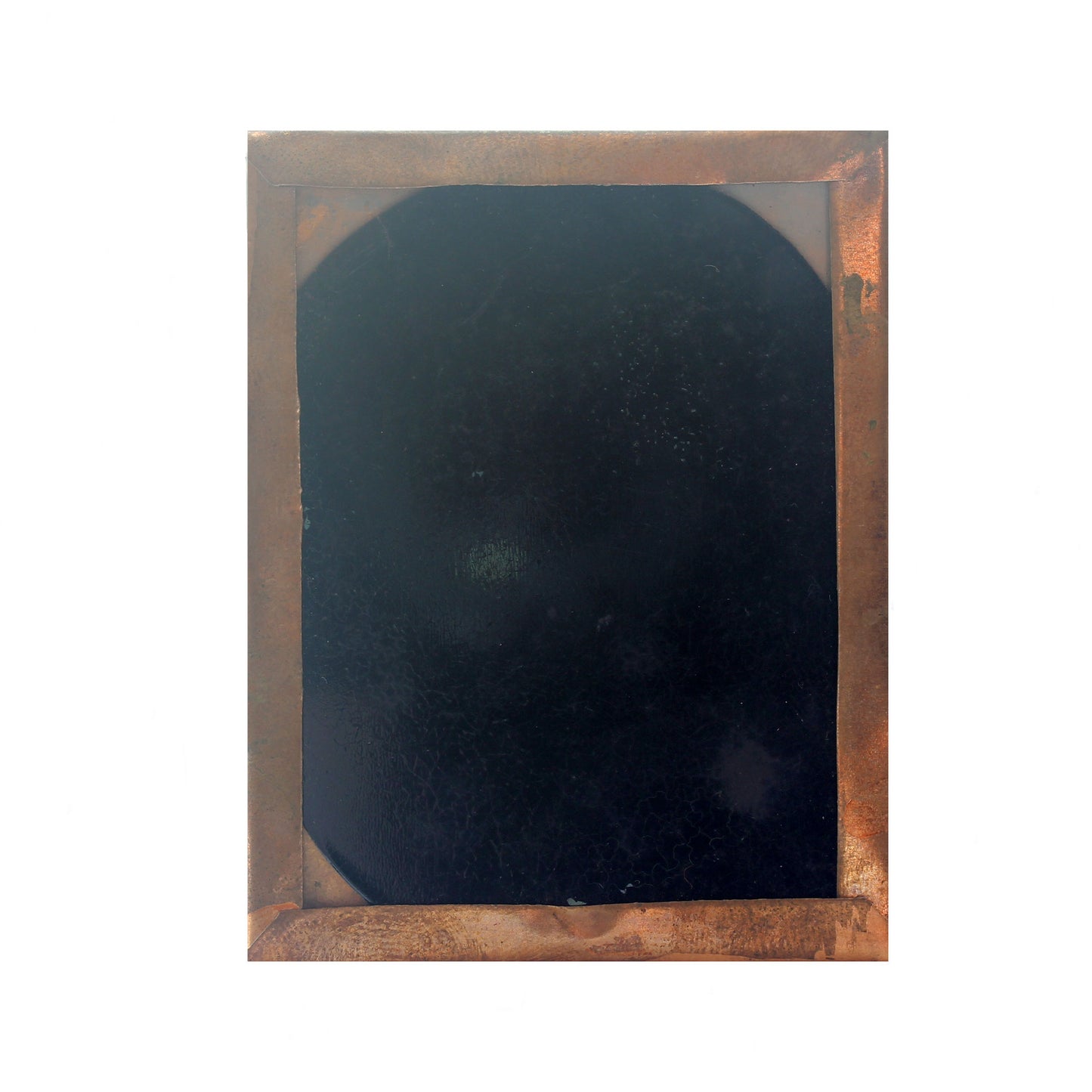 back of antique portrait showing copper border edge