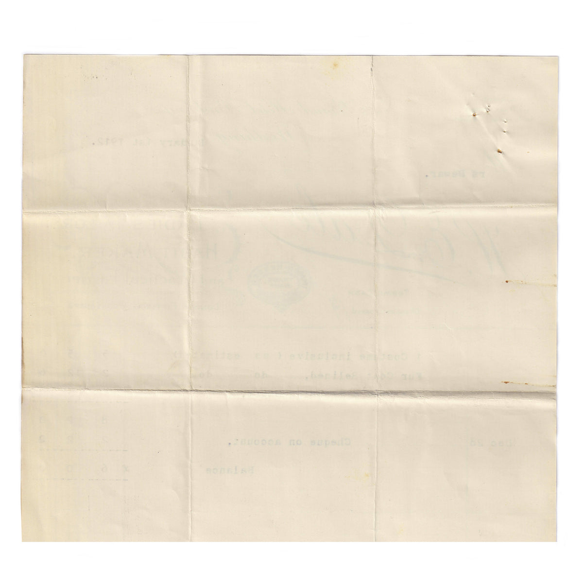 old invoice reverse with folded marks and signs of wear