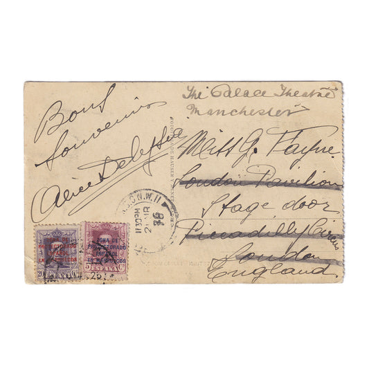 An original postcard written in 1926 by Alice Delysia to Greta Fayne, with two stamps and a date stamp, addressing a message to the stage door of a theatre in Manchester.