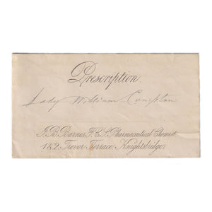 A prescription envelope with handwritten address and signature, dated 1882, with a Knightsbridge address.