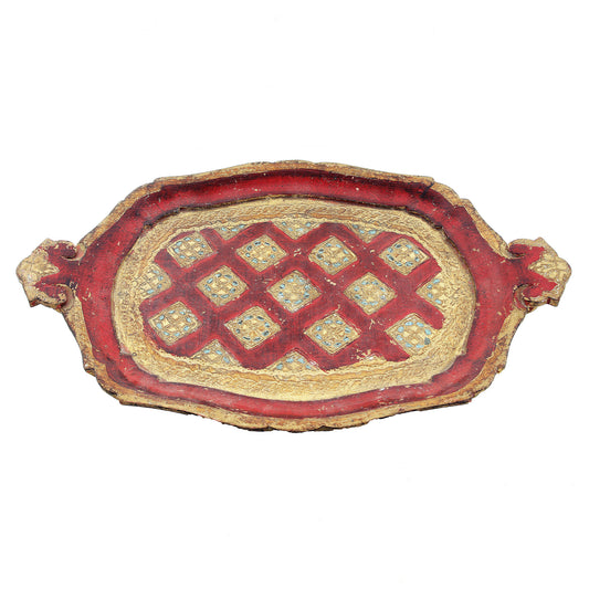 A traditional Italian small wooden serving tray with a red, blue, and gold floral pattern.