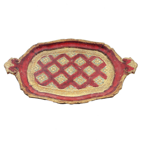 A traditional Italian small wooden serving tray with a red, blue, and gold floral pattern.