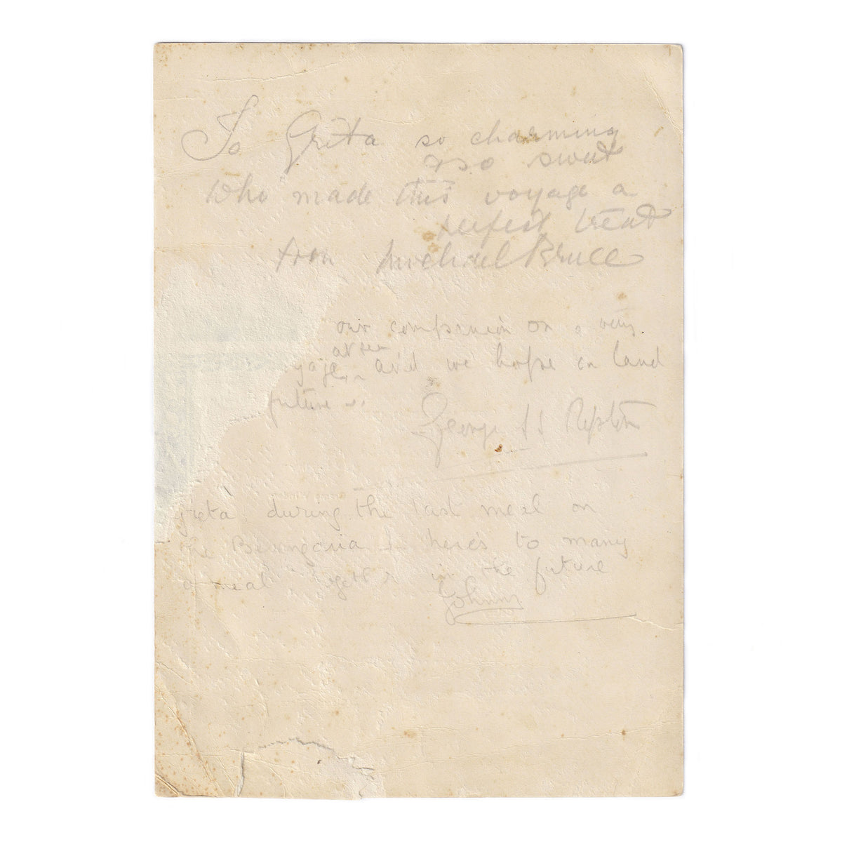 handwritten notes on back of menu dated 1925 for Cunard 