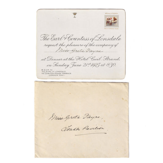 An original vintage invitation card from The Earl of Lonsdale to Miss Greta Fayne, dated 1925, with a photograph of the card and envelope.