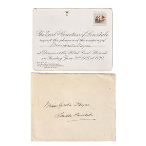 An original vintage invitation card from The Earl of Lonsdale to Miss Greta Fayne, dated 1925, with a photograph of the card and envelope.