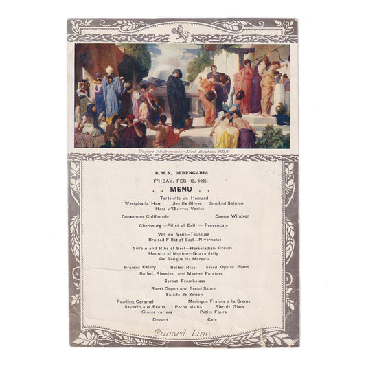 A vintage menu page from the Cunard Line RMS Berengaria featuring an illustration at the top, a list of dishes, and pencil notes on the back.
